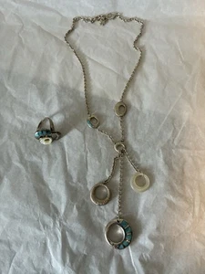Vtg Sterling Silver Turquoise Inlay Necklace & Ring See Photos For Type & Cond - Picture 1 of 3