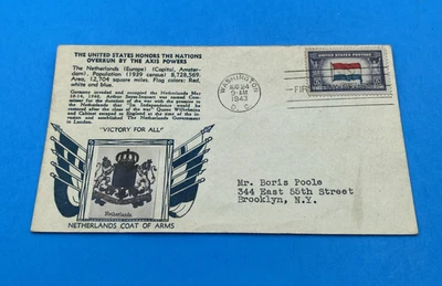 1943 Netherlands Flag Overrun Countries FDC Scott 913 ArtCraft FDOI Wash. DC - Image 1 of 4