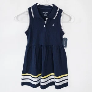 Nautica Dress Girls 6 Navy Sleeveless Polo Striped Pleated Drop Waist New - Picture 1 of 8