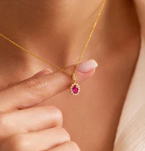 Ruby Wedding Necklace Moissanite Pendant Gold Plated 925 Silver Necklace - Picture 1 of 5