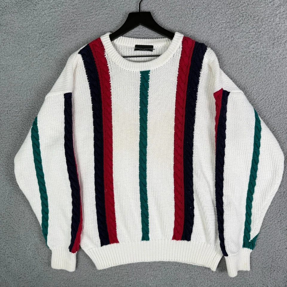 Suéter de algodón a rayas preppy vintage de los 90 para hombre XL tejido con cable pesado Foto 1 de 4