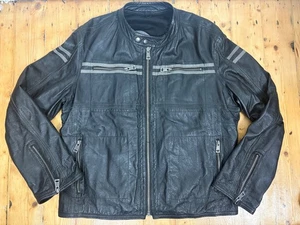 Mens Vintage Y2K Leather River Island Racer Biker Jacket with Stripes - XL - Picture 1 of 14