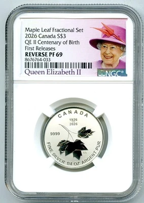 2026 S$3 CANADA QEII CENTENARY SILVER MAPLE LEAF NGC PF69 REV PROOF MINTAGE 3500 - Image 1 of 2