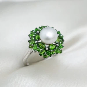 Freshwater Cultured Pearl with Chrome Diopside Ring | Sterling Silver Ring - Picture 1 of 7