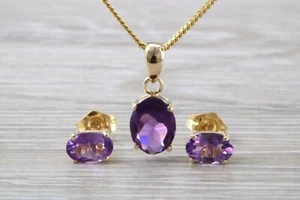 Oval cut Amethyst Earrings and Matching Necklace set in Yellow Gold - Picture 1 of 7