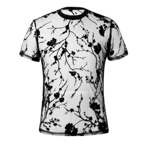 Hombres Sexy Camisa de Malla Transparente Cuello en O Manga Corta Transparente Camisa Ropa de Calle - Imagen 1 de 13