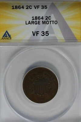 1864 . 02  ANACS VF 35 LARGE MOTTO   Two-cent piece, 2c, Shield Coin - Image 1 of 2