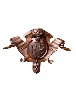 Ancien blason tête de lion en palissandre sculpté main français décor héraldique gothique - Photo 1 sur 8