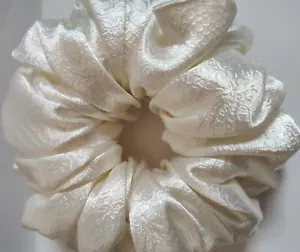 Extra Large Jacquard Handmade Hair Scrunchie Satin Floral Jacquard Print White - Picture 1 of 8