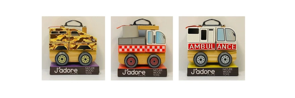 J'adore Paris Ambulancia Camión de Bomberos y Vehículo Militar Juguetes Apilables de Madera Paquete de 3 Foto 1 de 1