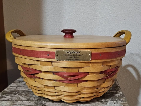1999 Longaberger Christmas Collection POPCORN Basket + Protector & Lid RED Cover