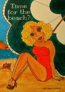 Strand Retro blond Orig Kunst Grußkarten große Augen inspiriert 5 x 7 Box o 10 - Bild 1 von 1