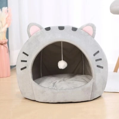 Cat House with Dangling Play Ball Cat Bed Pet House Kitten Cave Cotton Tent Gray - Image 1 of 4