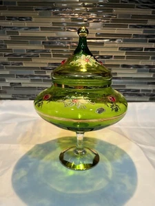 Vintage Venetian Glass Apothecary Jar  Green w/Gold Gilt & Flower Design- Italy - Picture 1 of 22