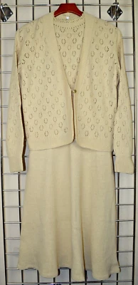 Vintage St John Knits Sweater Set Dress Size S/M 70s Creamy Beige Crocheted - Image 1 of 4