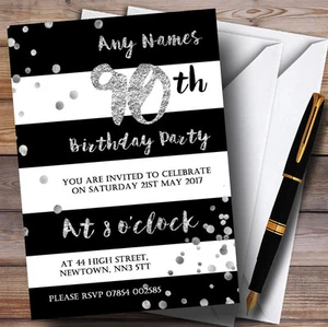 Black White Silver Confetti 90th Personalised Birthday Party Invitations - Picture 1 of 1