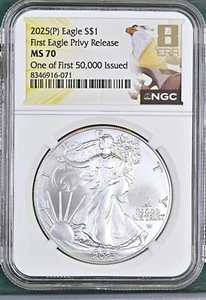 Moneda de plata American Eagle 2025P de 1 oz primera 50 k Eagle Privy NGC MS 70 8ª era - Imagen 1 de 2
