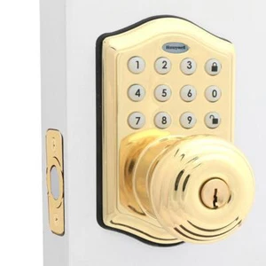 Honeywell Electronic Knob Door Lock Polished Brass Programmable Backlit Keypad - Picture 1 of 4