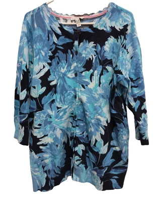 Cárdigan Isaac Mizrahi Live para mujer 1X azul negro floral botón delantero manga 3/4 Foto 1 de 4