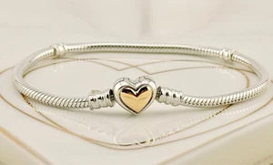 New Pandora Moments Two Tone Domed Golden Heart Clasp Snake Chain Bracelet 19cm - Picture 1 of 15