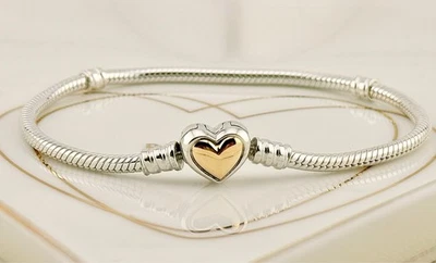 New Pandora Moments Two Tone Domed Golden Heart Clasp Snake Chain Bracelet 19cm - Image 1 of 4