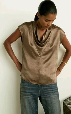 Reiss Fina Satin Cowl-Neck Top, Khaki - Size 12 - Image 1 of 4