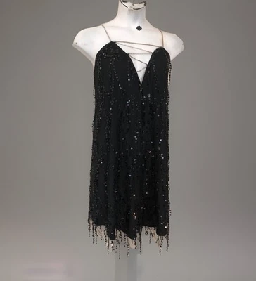 Mini Vestido Talla 4XL Malla Superposición Aleta Lentejuelas Estrás Cadena Correas Negro Foto 1 de 4