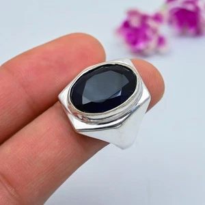 Blue Sapphire Lab-Created Gemstone 925 Sterling Silver Handmade Jewelry Ring - Picture 1 of 5