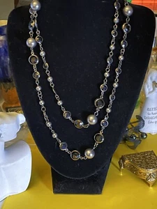 Vtg Bezel Silver Tone Chain W/blk,silver Beads & Rhinestones Necklace Beautiful - Picture 1 of 3