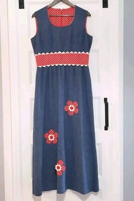 Women M Denim Blue Sleeveless Maxi Dress Red Polka Dot Flower Applique Handmade - Image 1 of 4