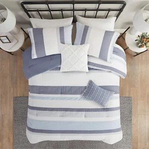 Madison Park Allegany Striped 5 Piece Jacquard Comforter Set, King/Cal King-Blue - Picture 1 of 8