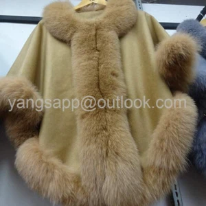 Factory price Cashmere cape With Fox Furs Trim collar Fur Ladies Wrap Shawl - Picture 1 of 20