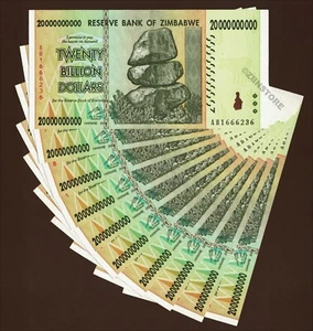 10 x 20 Billion Zimbabwe Dollars Banknotes AB 2008 Uncirculated Authentic w/ COA - Picture 1 of 3