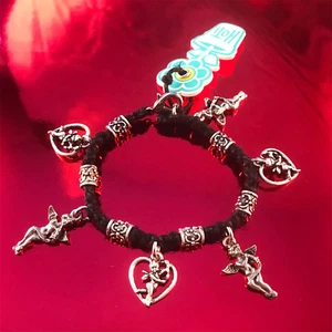 HOTI Black Hemp Handmade Cupid Charm Bracelet Ladies Love Heart Angels Metal NWT - Picture 1 of 2