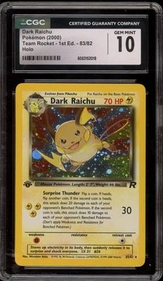 Pokemon Dark Raichu Team Rocket 1a Edizione Holo Secret Raro #83 CGC 10 Gemme Mint - Immagine 1 di 2