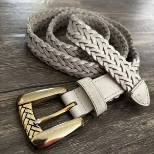 Vintage White Leather Woven Braided Gold Tone Buckle Belt Chic 80s 90s 34"-36" - Picture 1 of 6