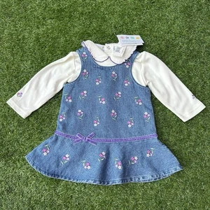 Neu mit Etikett Vintage 90er Miniwear Jeanskleid 12M ärmellos mit bestickten Blumen - Bild 1 von 7