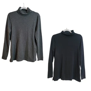 Set of 2 Lands' End Cotton Turtleneck Shirts Women's XL Tall 18 Gray Black Basic - Picture 1 of 18
