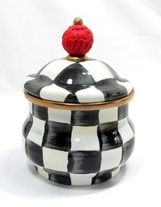 Mackenzie Childs Courtly Check Enamel Lidded Sugar Bowl Black & White - Picture 1 of 14