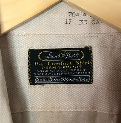 Vintage Sears Dress Shirt Mens 17 33 Tan Herringbone Stripe Perma Prest USA 70s - Image 1 of 4