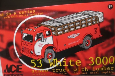 1997 First Gear Ace Hardware 1:34 53 White 3000 Stake Truck com madeira novo na caixa - Imagem 1 de 4