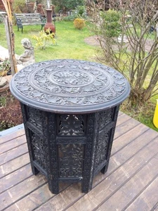 19thC Anglo Indian Carved Side Table Folding Coffee Antique Decorative Style - Picture 1 of 10