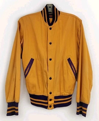 CHAQUETA UNIVERSITARIA PARA HOMBRE VINTAGE FELCO AÑOS 60 ALGODÓN AMARILLO ORO PÚRPURA BROCHE DE PRESIÓN PEQUEÑA Foto 1 de 4