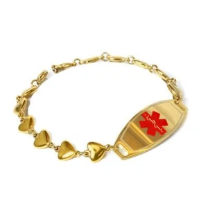 Medical Engraved ID Bracelet Stainless Steel Gold Tone Plated Hearts Chain 8.5in - Picture 1 of 5