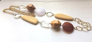 2656 DESIGNER INSPIRED GEMSTONE AND WOOD CHAIN GOLD PLATED NECKLACE - Picture 1 of 1