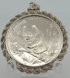 1995, .999 Silver Panda Coin Pendant 925 Set IN Rope bezel 5 Yuan 1/2oz - Picture 1 of 5