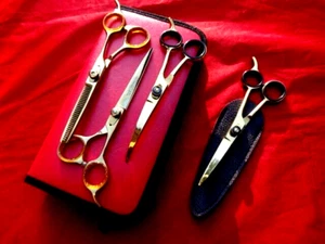 GOLD_6.5" Pet Grooming Scissors,UPWARD,DOWNWARD CURVED dog/cat+Thinning / Case - Imagen 1 de 12