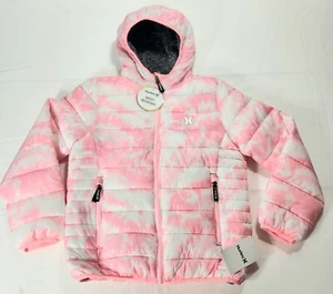 Hurley Surf Apparel Pink /White Hooded Puffer Jacket Coat Girls Size Medium - Picture 1 of 10