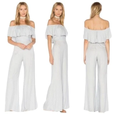 Everly Blue Chambray Off the Shoulder Jumpsuit Size Small Cropped Cotton - Image 1 of 4