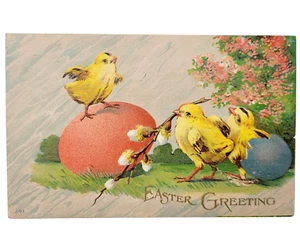 Antigua postal de Pascua pollitos huevos coño flores de sauce años 1910 usada - Imagen 1 de 4